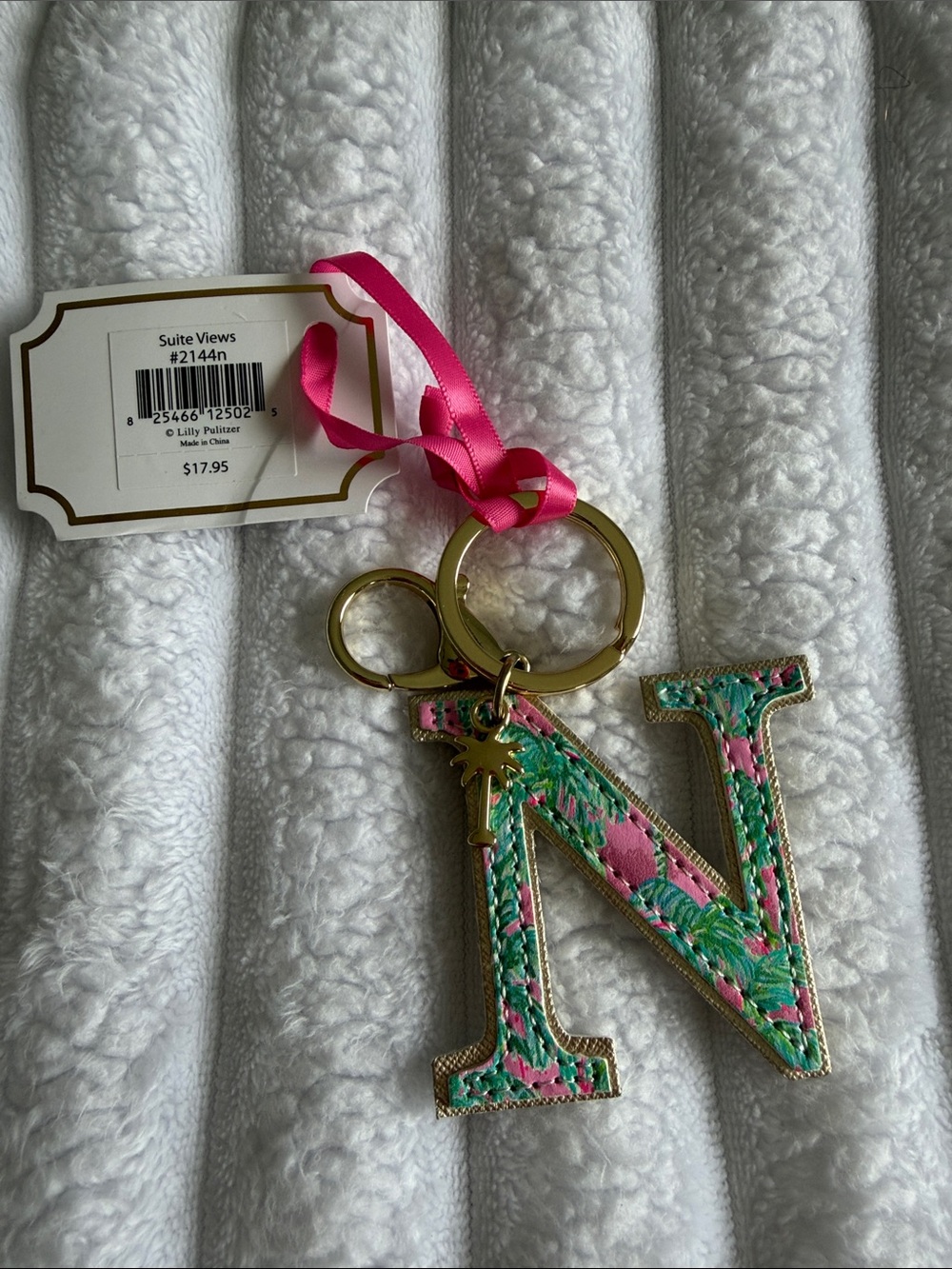 Lilly Pulitzer Pink & Green N Initial Keychain with Gold Hardware